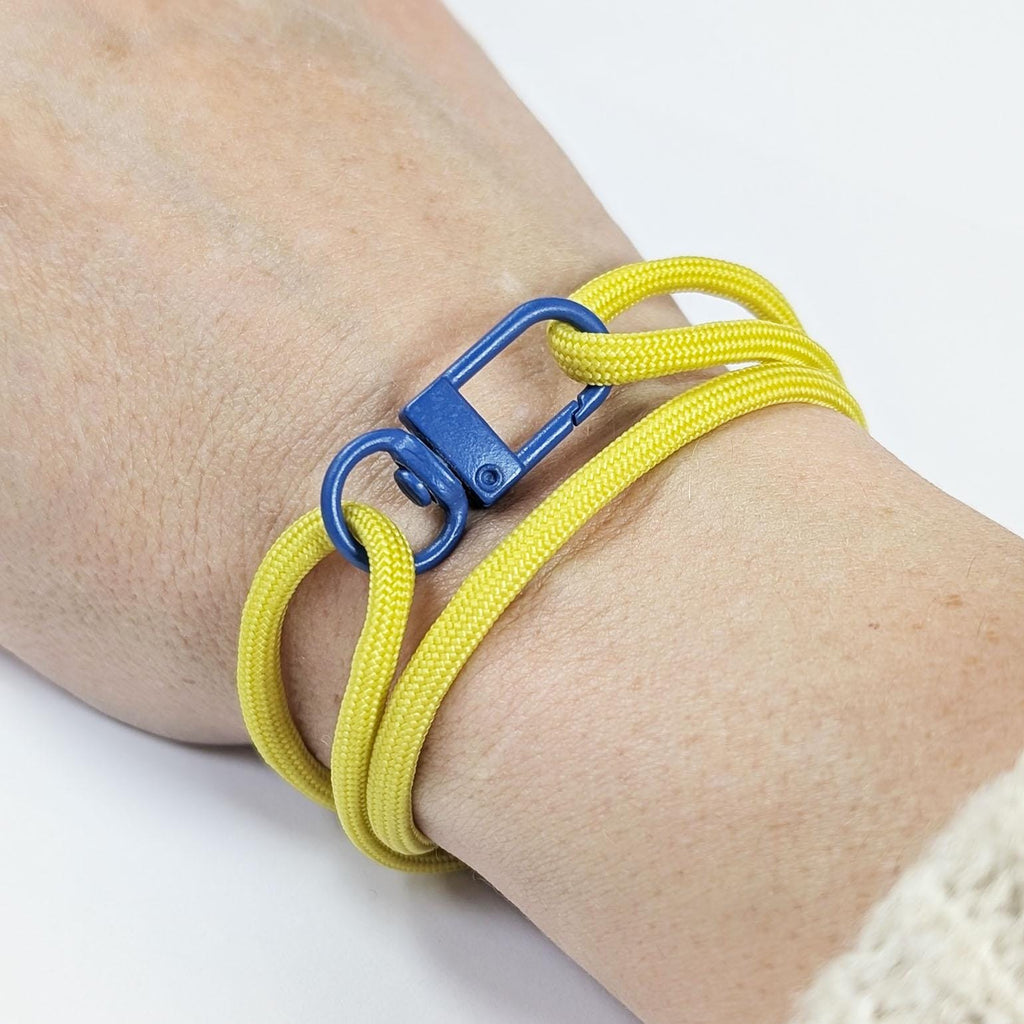 Yellow Adjustable Paracord Wrap Bracelet With Blue Clasp