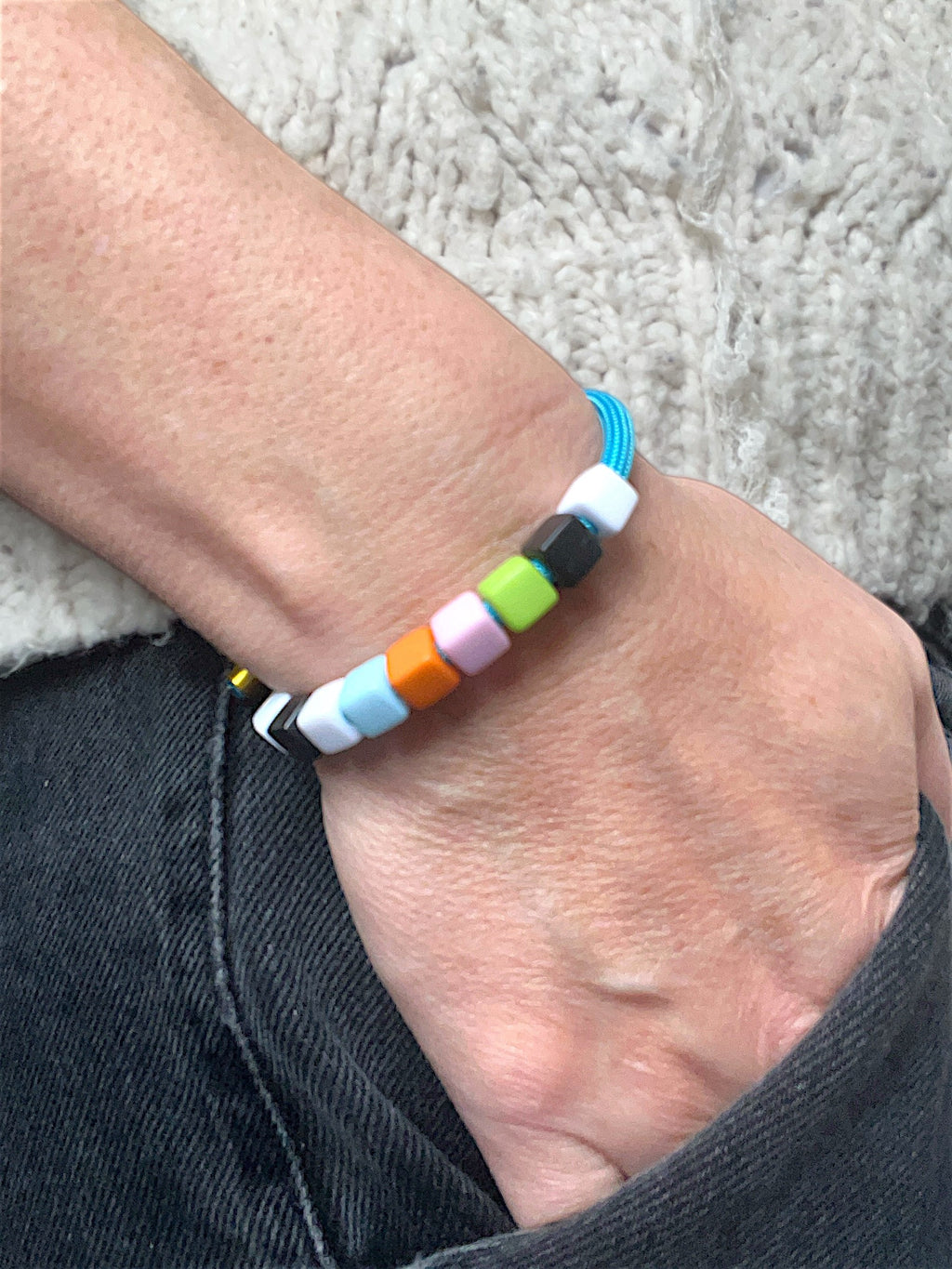 Rainbow Bead Bracelet with Blue Cord