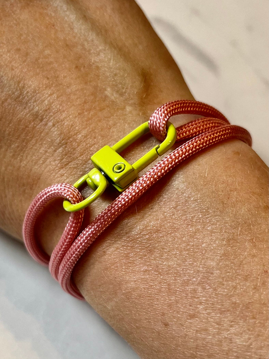 Peach Pink Adjustable Sliding Paracord Bracelet with Lime Green Clasp